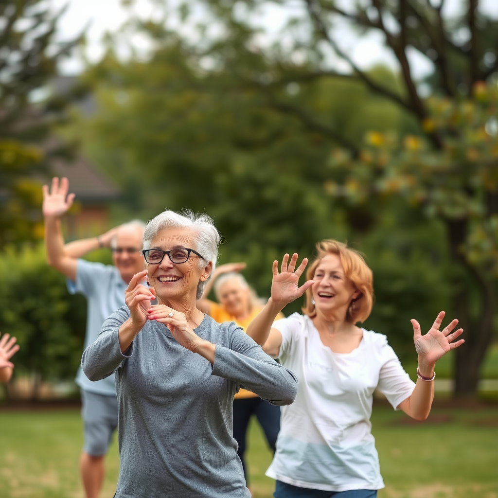 Grup de seniori zâmbitori practicând exerciții ușoare în parc, demonstrând viață activă și sănătoasă după 60 de ani