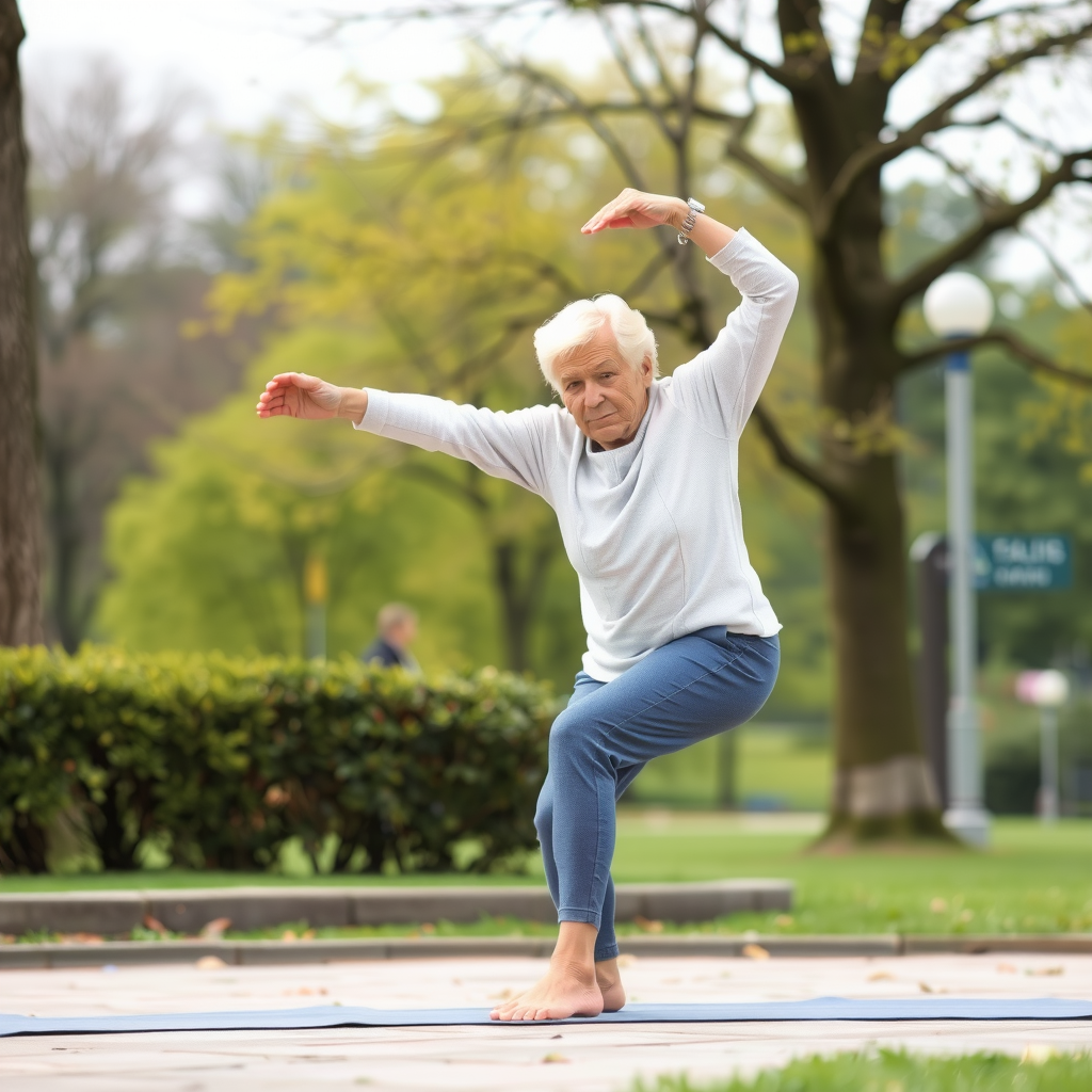 Persoană în vârstă făcând exerciții de stretching în parc, demonstrând mișcări simple pentru menținerea flexibilității și mobilității articulațiilor