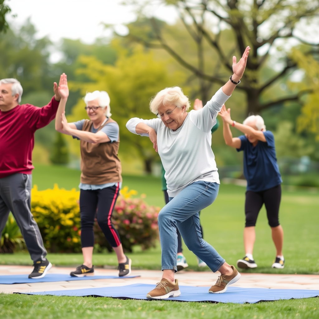 Grup de seniori practicând exerciții de mobilitate în aer liber, într-un parc verde, demonstrând mișcări simple de întindere și flexibilitate