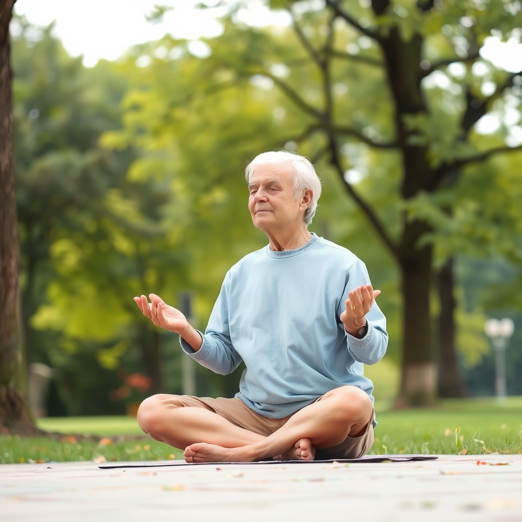 Persoană în vârstă meditând într-un parc liniștit cu copaci verzi în fundal, demonstrând tehnici de relaxare și mindfulness pentru gestionarea stresului