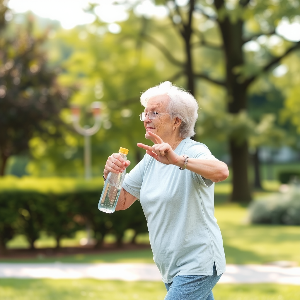 Persoană în vârstă făcând exerciții cardiovasculare în parc, ținând o sticlă de apă în mână, înconjurată de verdeață
