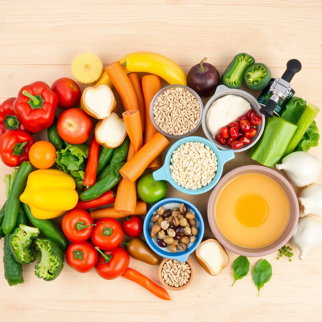 Masă colorată cu alimente sănătoase pentru adulți: legume proaspete, fructe, cereale integrale și proteine, aranjate estetic pe o masă de lemn