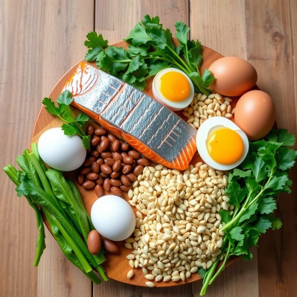 Colecție de alimente bogate în vitamine B: somon proaspăt, ouă, cereale integrale, fasole și verdețuri pe o suprafață de lemn natural