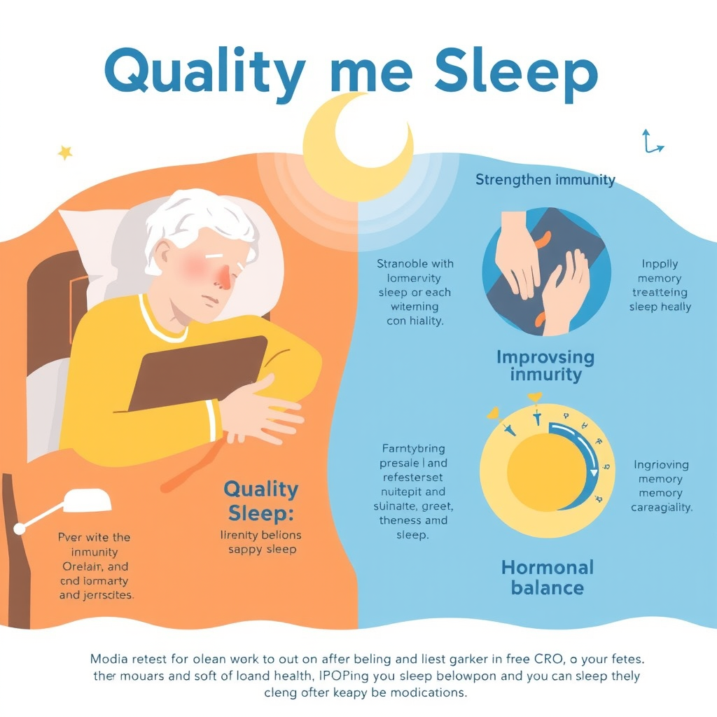 Infografic ilustrând beneficiile somnului de calitate pentru sănătatea seniorilor: întărirea imunității, îmbunătățirea memoriei, echilibrul hormonal