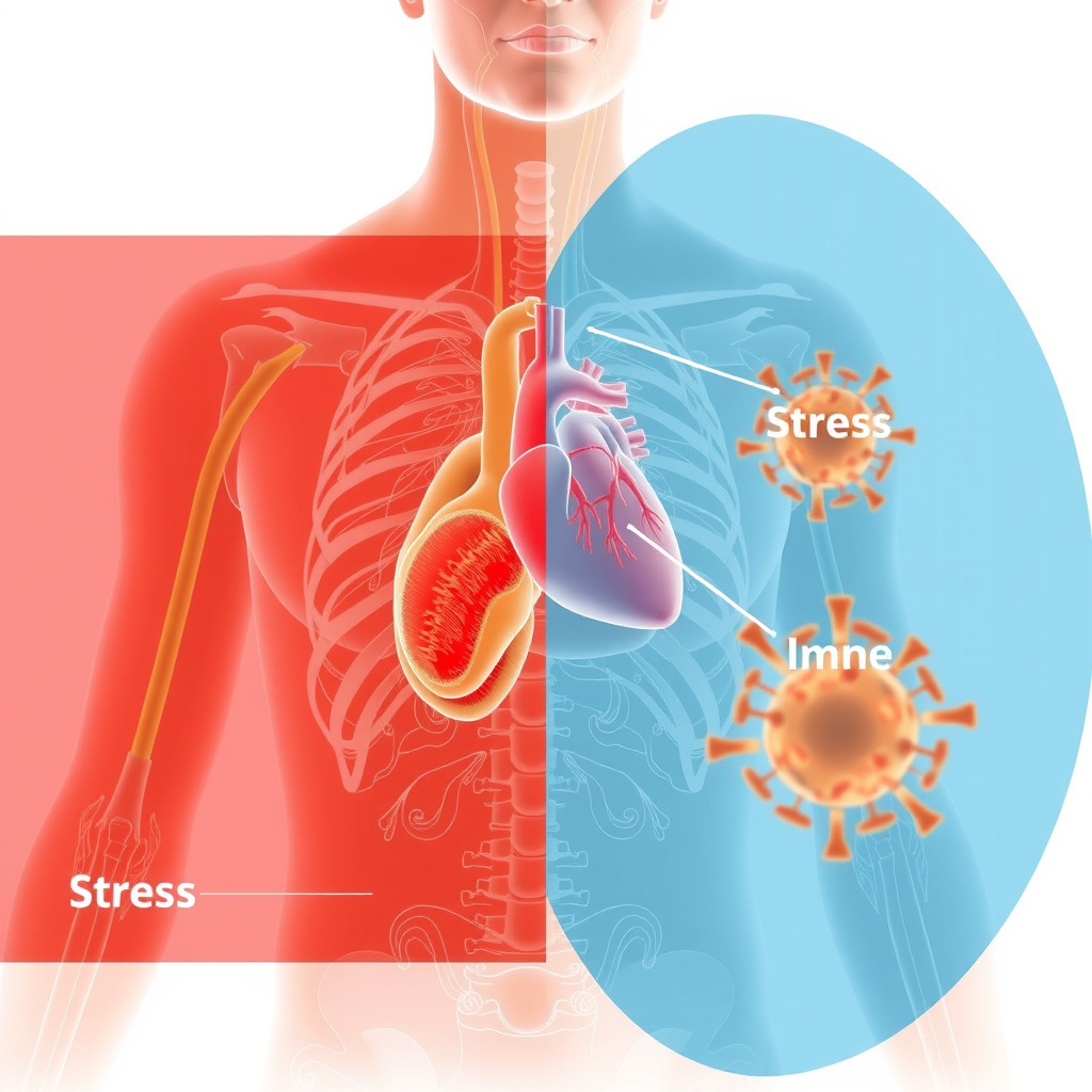 Grafic medical ilustrând efectele stresului asupra corpului uman la vârsta înaintată, cu focus pe sistemul cardiovascular și imunitar