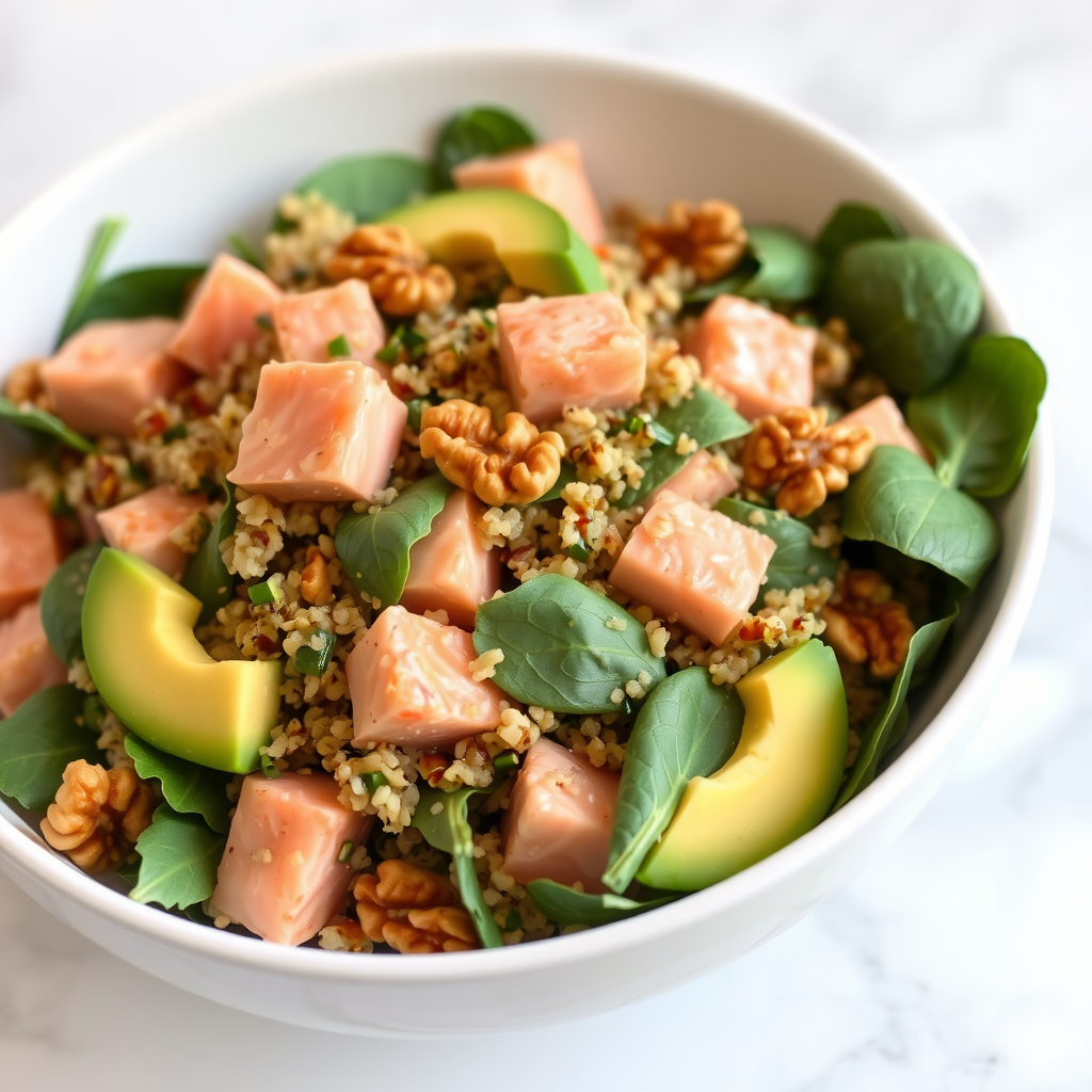 Salată colorată de quinoa cu bucăți de somon roz, avocado verde, spanac proaspăt și nuci, servită într-un bol alb pe o masă elegantă