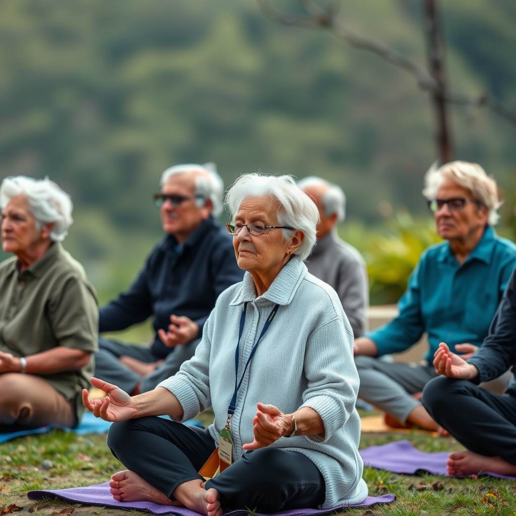 Grup de seniori practicând meditație în aer liber într-un cadru natural, demonstrând beneficiile mindfulness-ului pentru vârstnici
