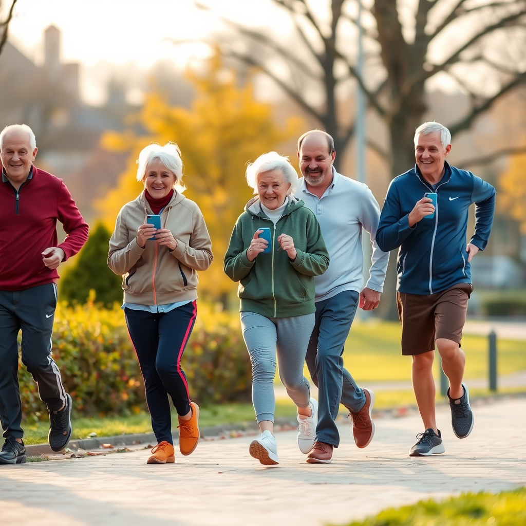 Grup de seniori făcând plimbare rapidă în parc dimineața, îmbrăcați în ținute sportive confortabile