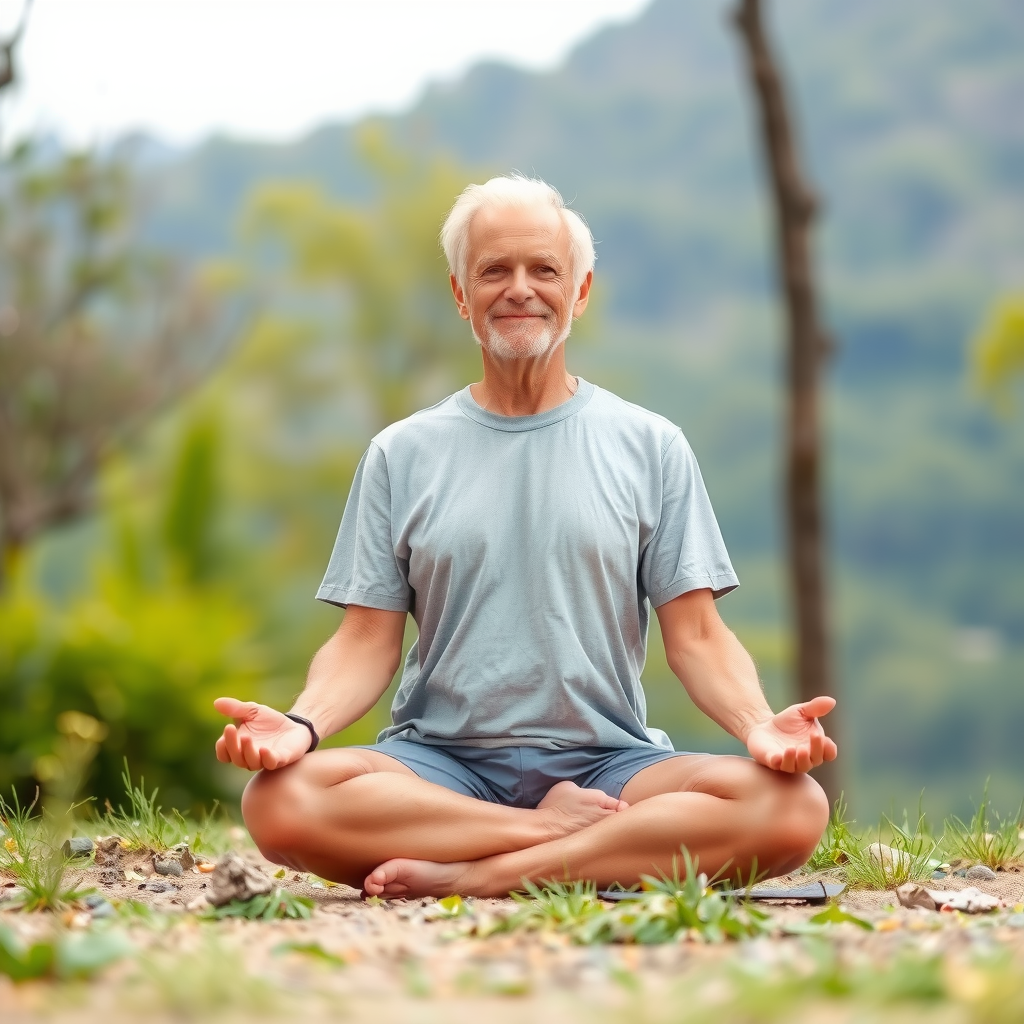 Persoană matură practicând meditație în natură, în poziție de lotus, cu expresie liniștită și un mediu natural relaxant în fundal