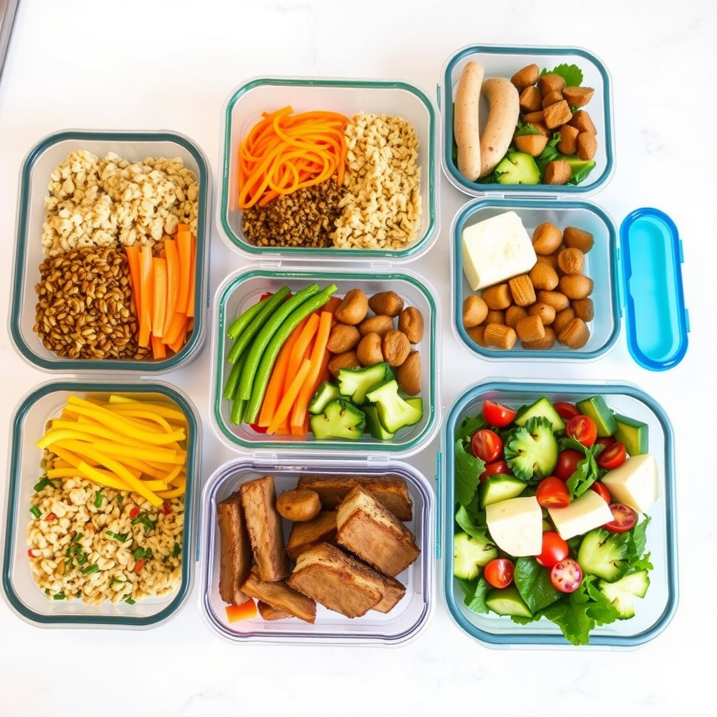 Containere de meal prep organizate cu diverse preparate sănătoase: cereale, legume colorate, proteine și salate, aranjate pe o suprafață curată de bucătărie