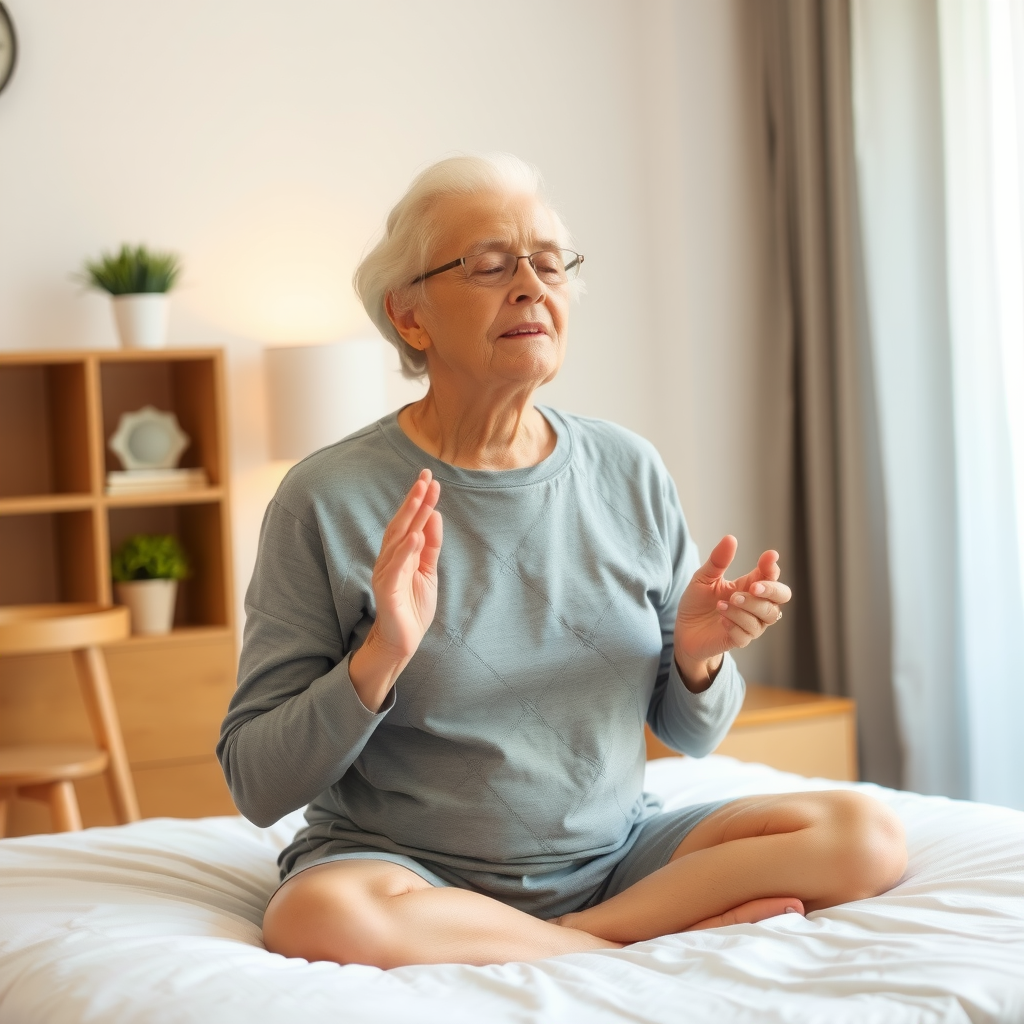 Persoană în vârstă practicând exerciții de respirație și relaxare în dormitor, atmosferă calmă și liniștită pentru pregătirea somnului