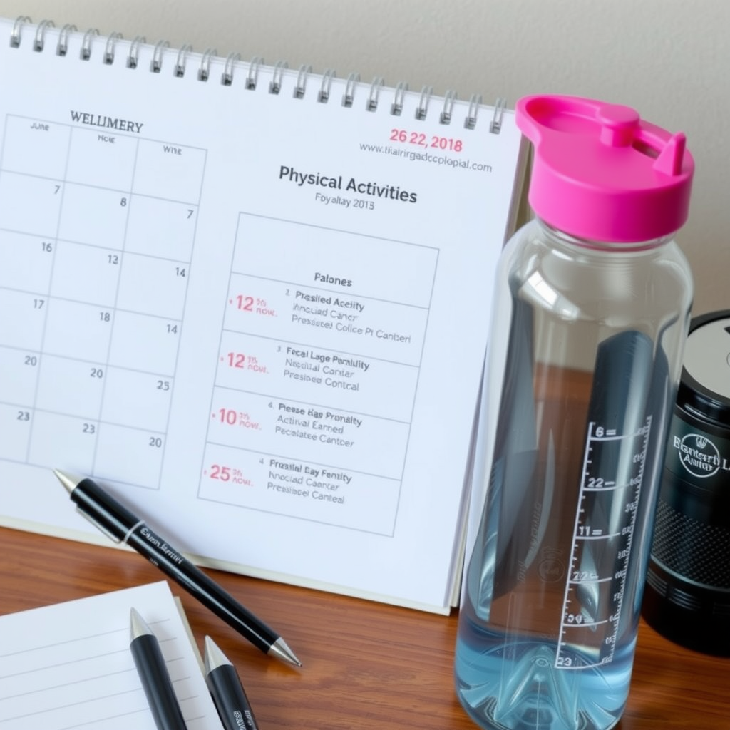 Calendar cu activități fizice planificate și sticlă de apă pe birou, reprezentând organizarea unui program de exerciții