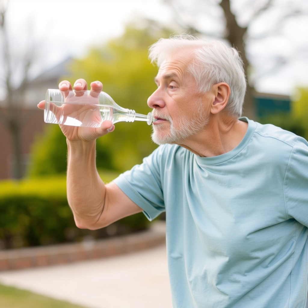 Adult în vârstă bând apă și făcând exerciții cardiovasculare ușoare în aer liber, demonstrând importanța hidratării și activității fizice regulate