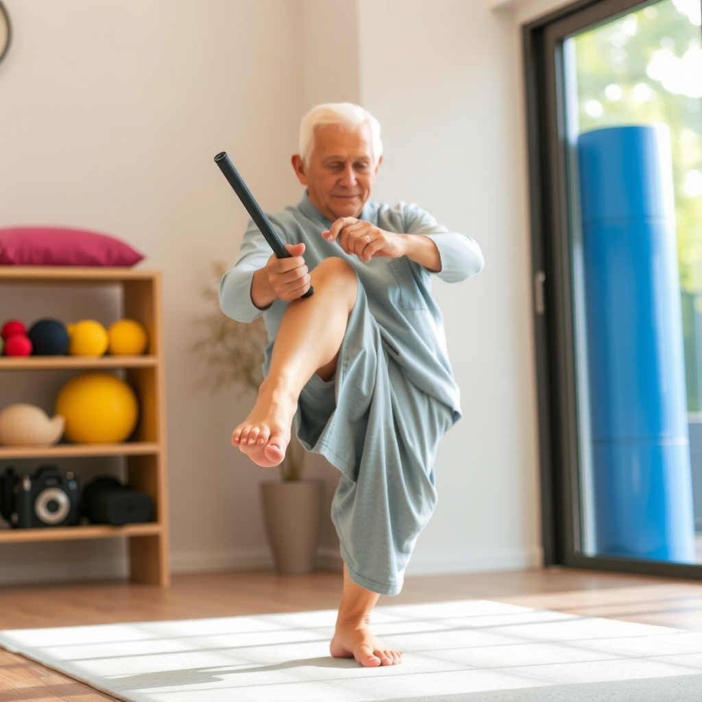 Senior practicând exerciții de ridicare pe vârfuri pentru întărirea mușchilor gambei și îmbunătățirea echilibrului