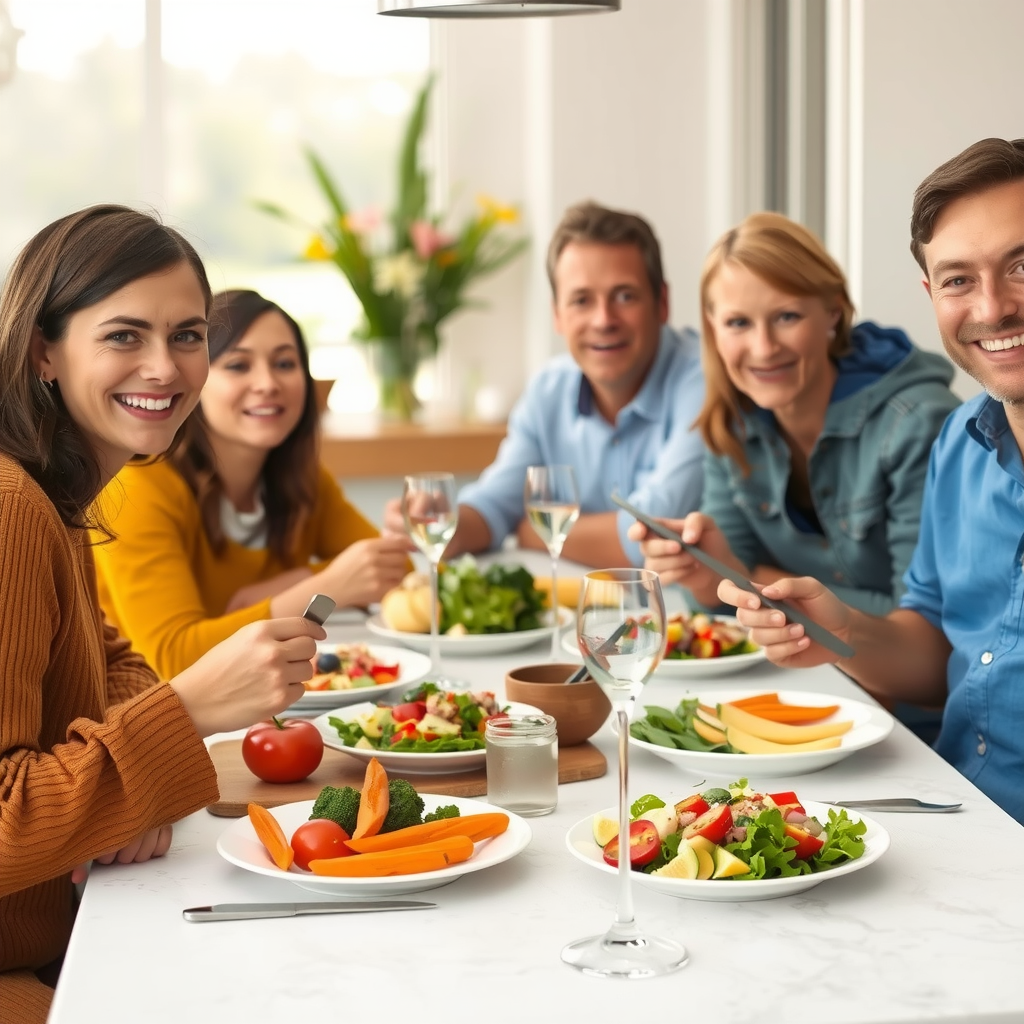 Familie de adulți zâmbitori la masa de cină, savurând o masă sănătoasă cu legume proaspete, pește și salate, într-o atmosferă caldă și primitoare