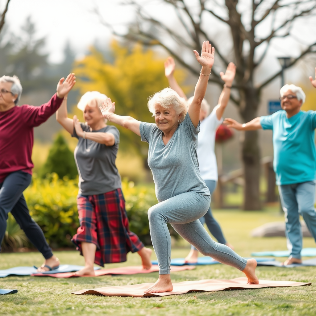 Grup de seniori practicând exerciții de yoga și stretching în aer liber, mișcări lente și relaxante pentru pregătirea somnului de calitate